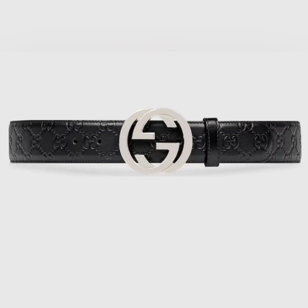 Gucci Embossed Black Belt with Silver Logo Buckle